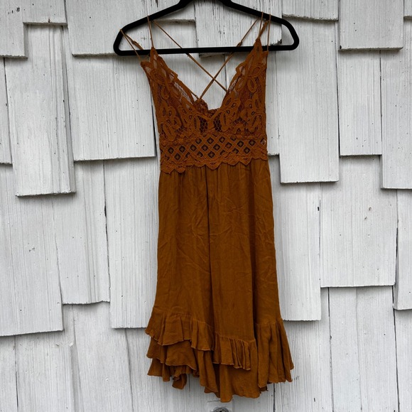 Free People Crochet Lace Trim Ruffle Hem Mini Dress Terracotta Orange Large - Picture 2 of 9